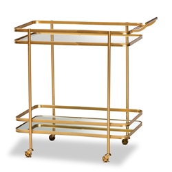 Baxton Studio Destin Modern and Contemporary Glam Brushed Gold Finished Metal and Mirrored Glass 2-Tier Mobile Wine Bar Cart
